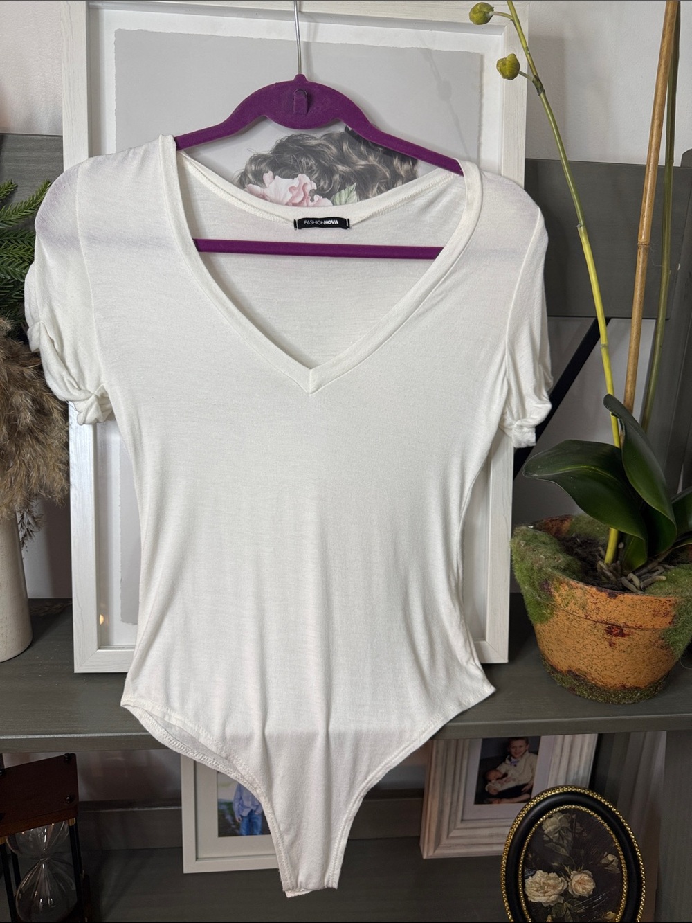 Fashion Nova White V-Neck Short Sleeve Bodysuit